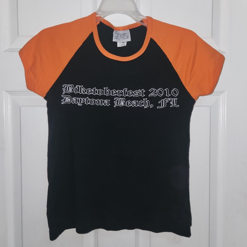 Women's Vintage Black and Orange Biketoberfest 2010 Baby Tee